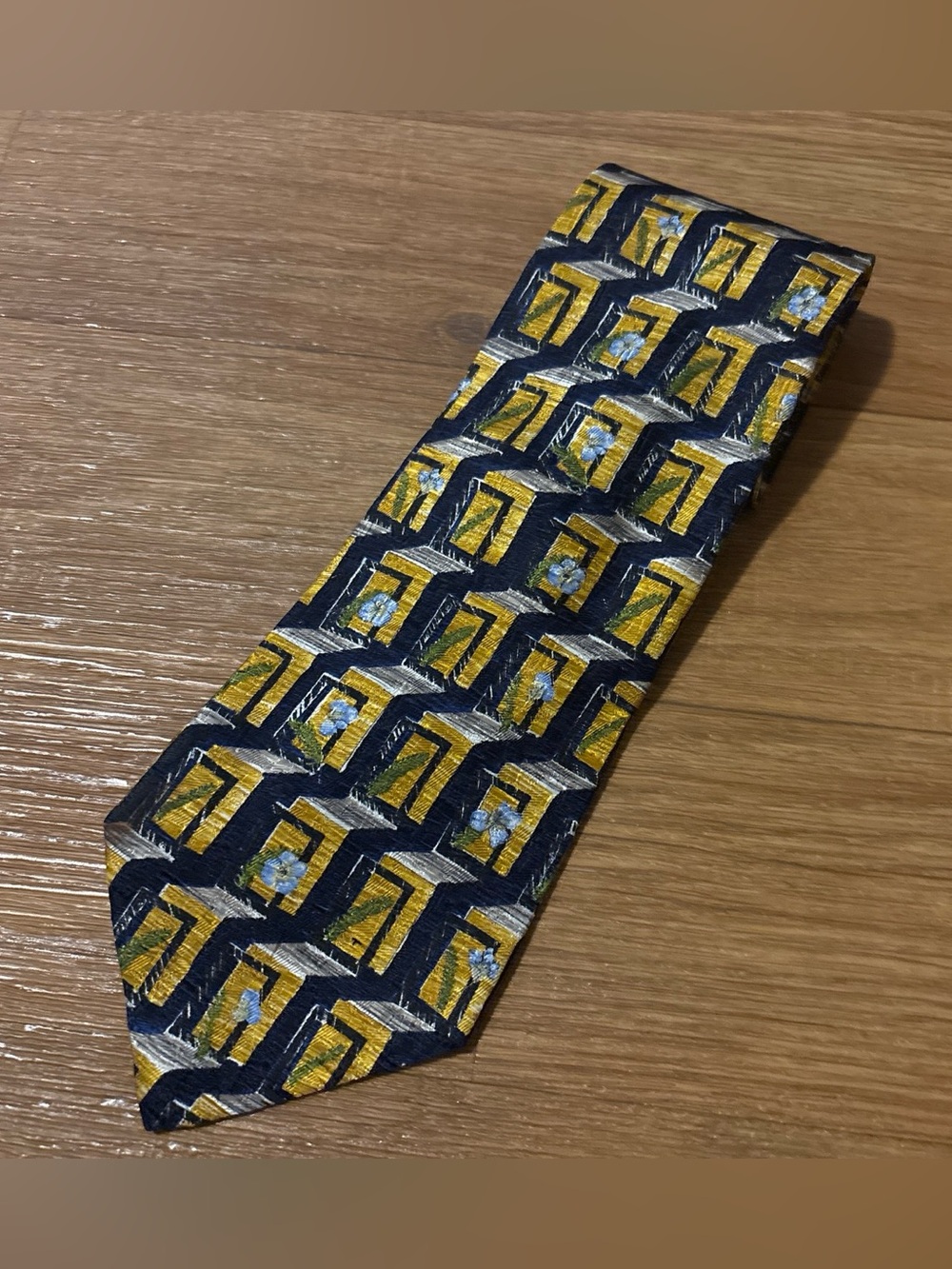 Ermenegildo Zegna Men’s Silk Tie Made In Italy Blue/Gold Geometric Floral Design